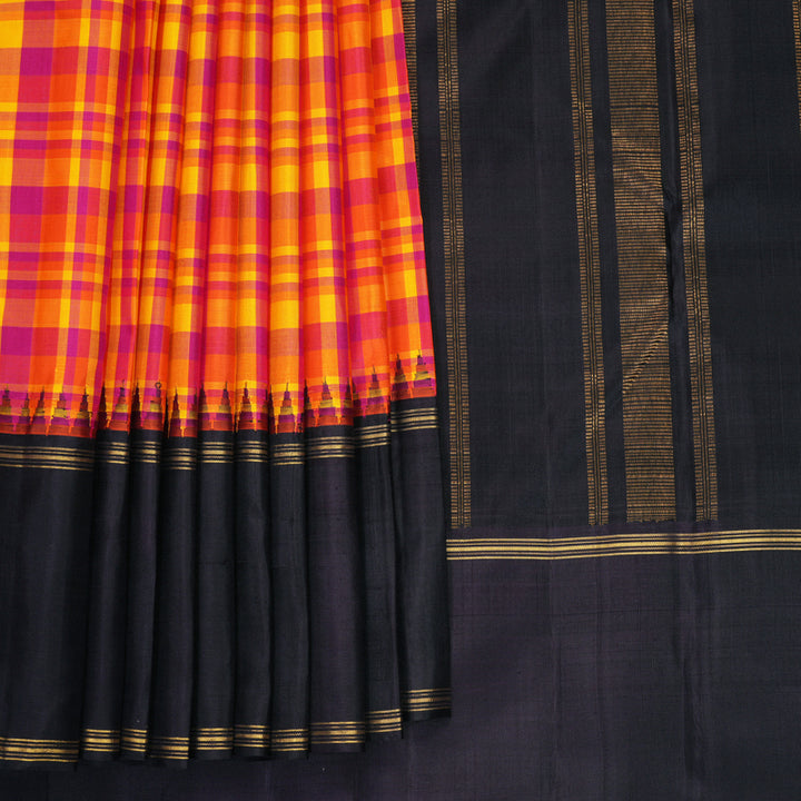 Hayagrivas Handloom Multicolour Checks Kanjivaram Silk Saree with Kanchana Brown Border KBF800H10-2