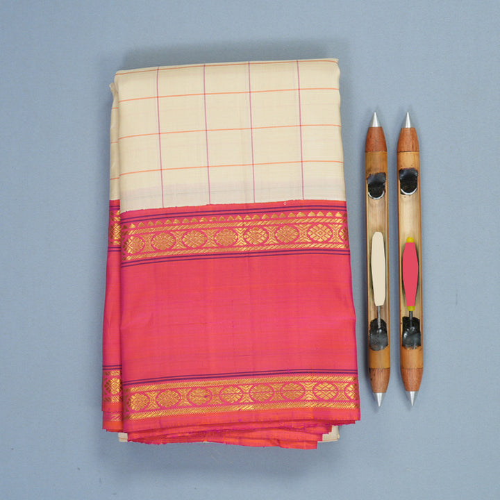 Hayagrivas Handloom Half-White Kanjivaram Silk Saree with Orangish-Pink Border KBF800H2-1