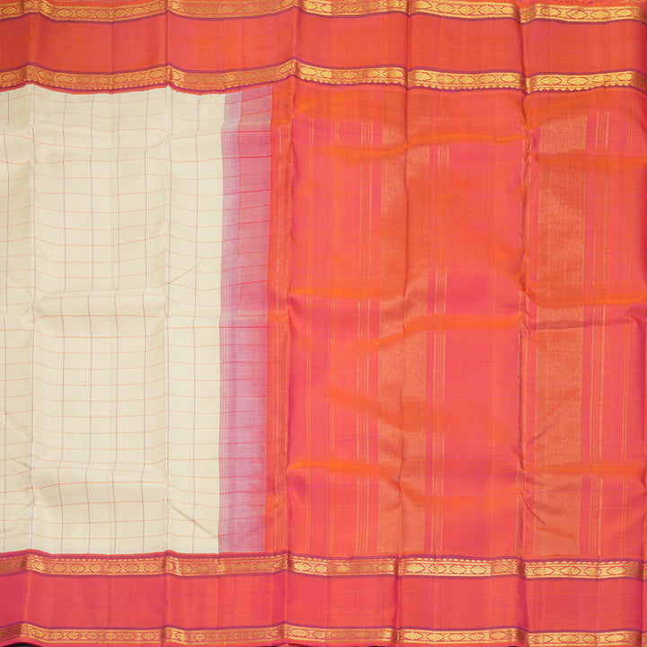Hayagrivas Handloom Half-White Kanjivaram Silk Saree with Orangish-Pink Border KBF800H2-1
