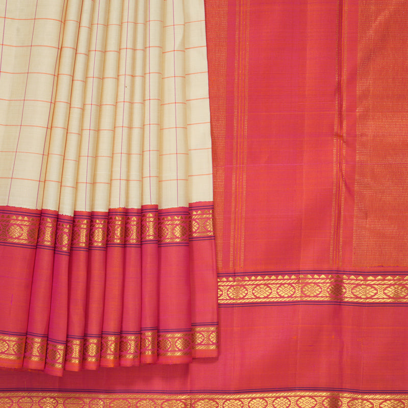 Hayagrivas Handloom Half-White Kanjivaram Silk Saree with Orangish-Pink Border KBF800H2-1