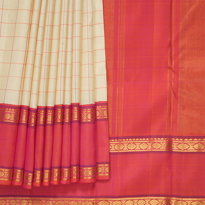 Hayagrivas Handloom Half-White Kanjivaram Silk Saree with Orangish-Pink Border KBF800H2-1