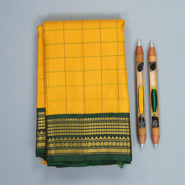 Hayagrivas Handloom Mustard Yellow Kanjivaram Silk Saree with Peacock Green Border KBF800H2-2