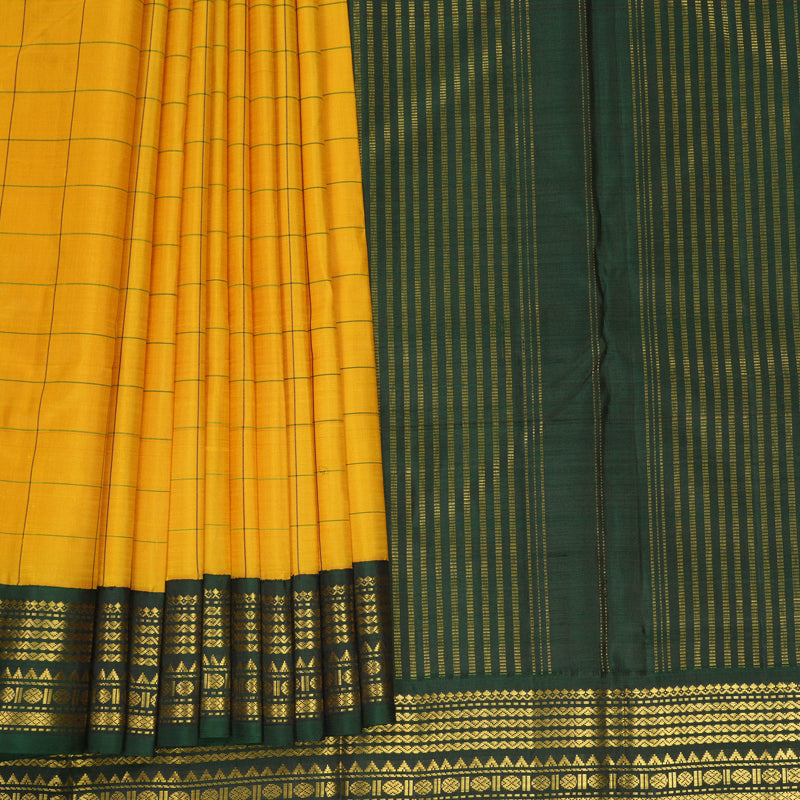 Hayagrivas Handloom Mustard Yellow Kanjivaram Silk Saree with Peacock Green Border KBF800H2-2