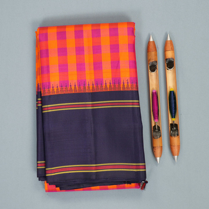 Hayagrivas Handloom Pink &amp; Orange Checks Kanjivaram Silk Saree with Navy Blue Border KBF800H8-2