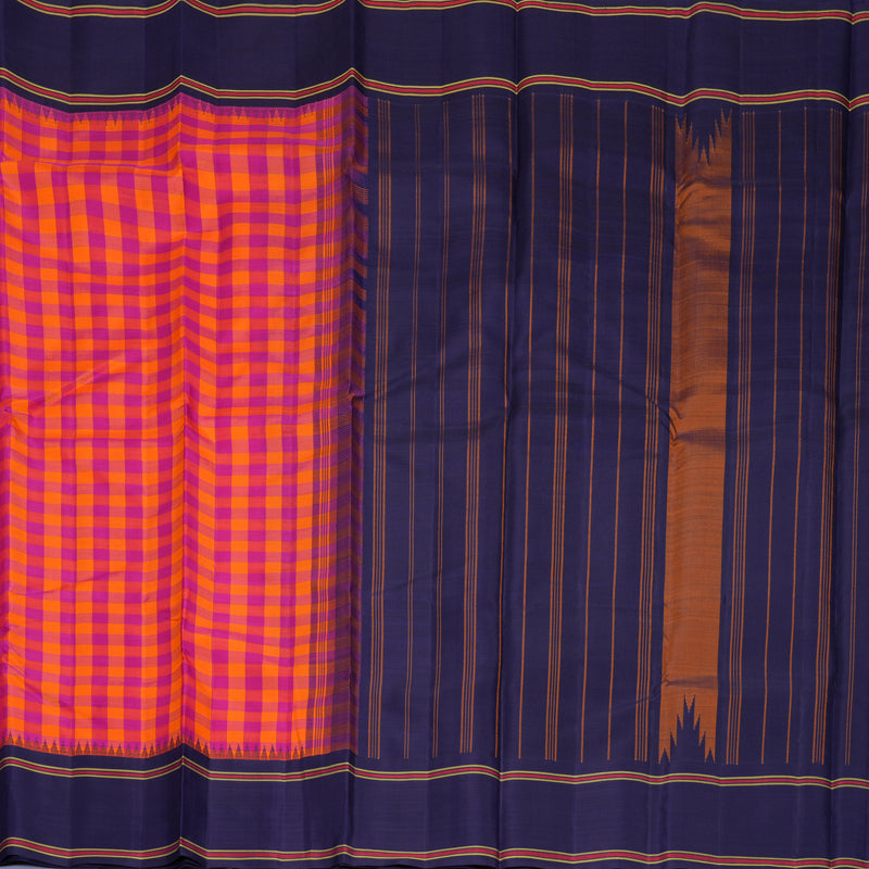 Hayagrivas Handloom Pink &amp; Orange Checks Kanjivaram Silk Saree with Navy Blue Border KBF800H8-2