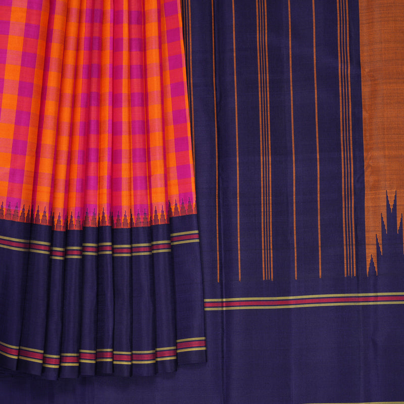 Hayagrivas Handloom Pink &amp; Orange Checks Kanjivaram Silk Saree with Navy Blue Border KBF800H8-2