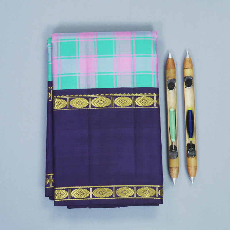 Hayagrivas Handloom Multicolour Checks Kanjivaram Silk Saree with Midnight Blue Border KBF800H9-1