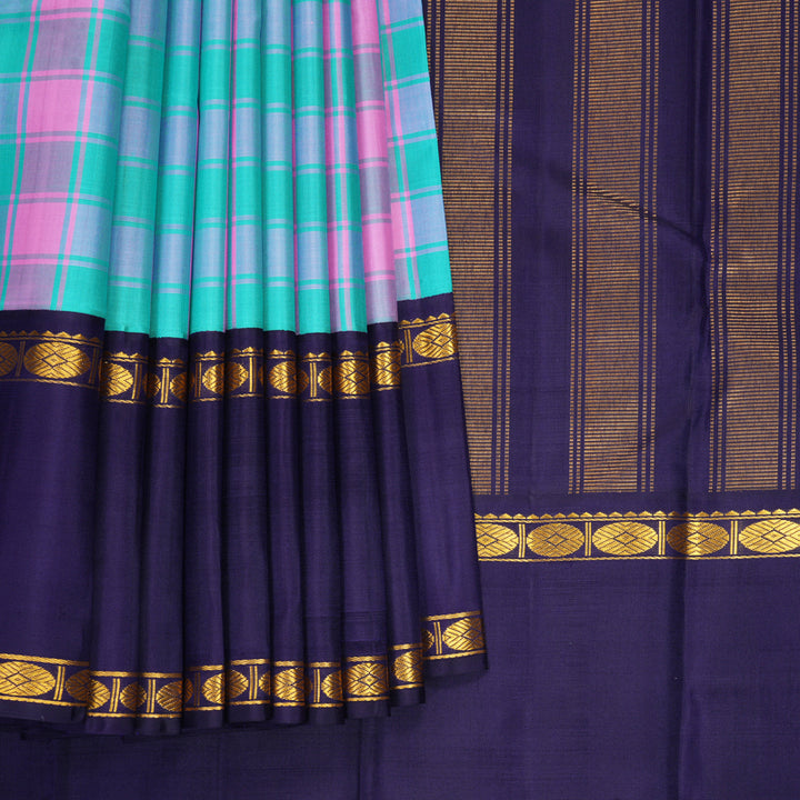 Hayagrivas Handloom Multicolour Checks Kanjivaram Silk Saree with Midnight Blue Border KBF800H9-1
