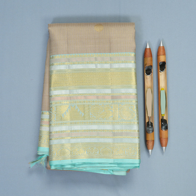 Hayagrivas Handloom Greige Kanjivaram Silk Saree with Powder Blue Border KBF804H6-1