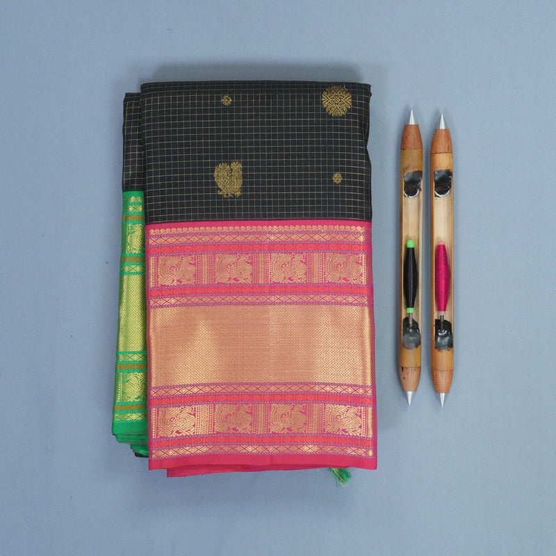 Hayagrivas Handloom Black Kanjivaram Silk Saree with Ganga Jamuna Border KBF804H7-1