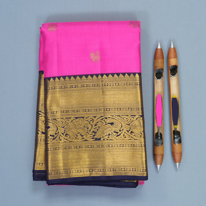 Hayagrivas Handloom Bright Rani Pink Kanjivaram Silk Saree with Navy Blue Border KBF805H1-1