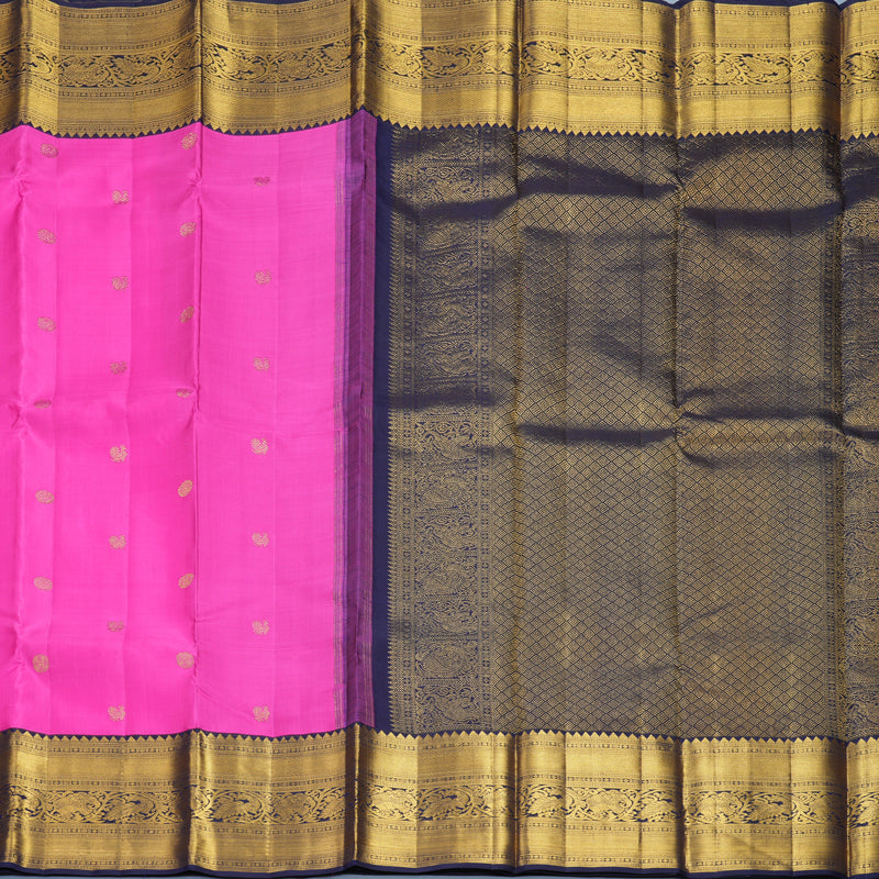 Hayagrivas Handloom Bright Rani Pink Kanjivaram Silk Saree with Navy Blue Border KBF805H1-1
