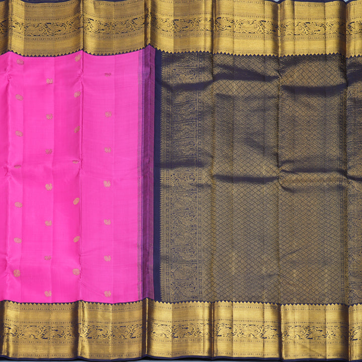 Hayagrivas Handloom Bright Rani Pink Kanjivaram Silk Saree with Navy Blue Border KBF805H1-1