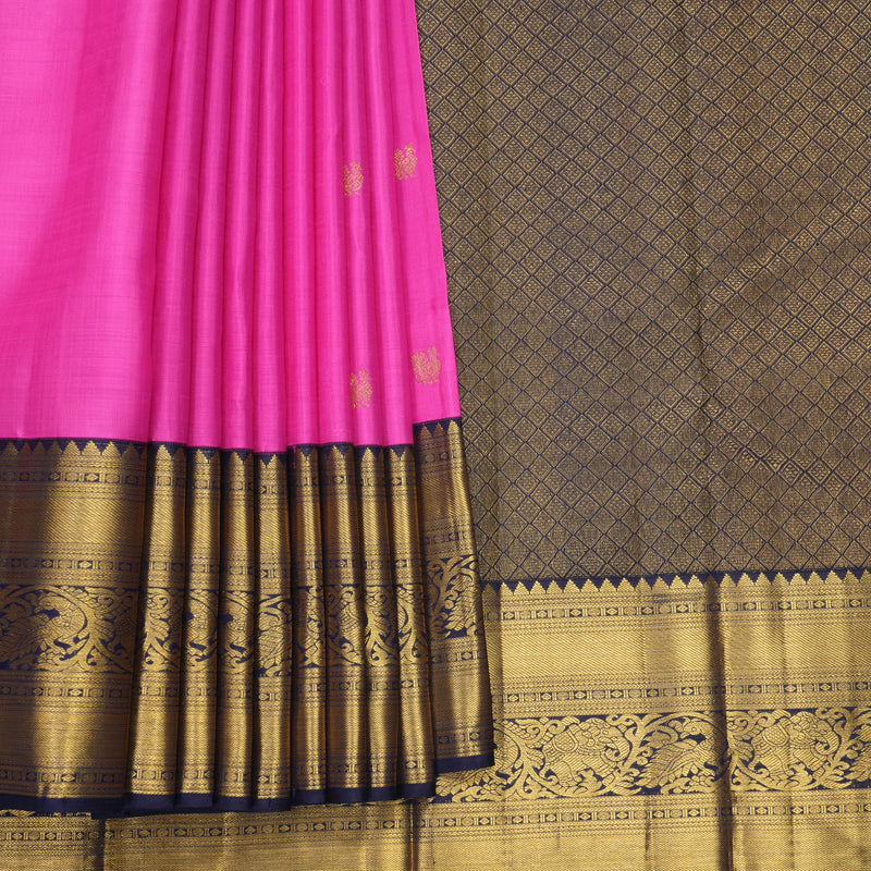 Hayagrivas Handloom Bright Rani Pink Kanjivaram Silk Saree with Navy Blue Border KBF805H1-1