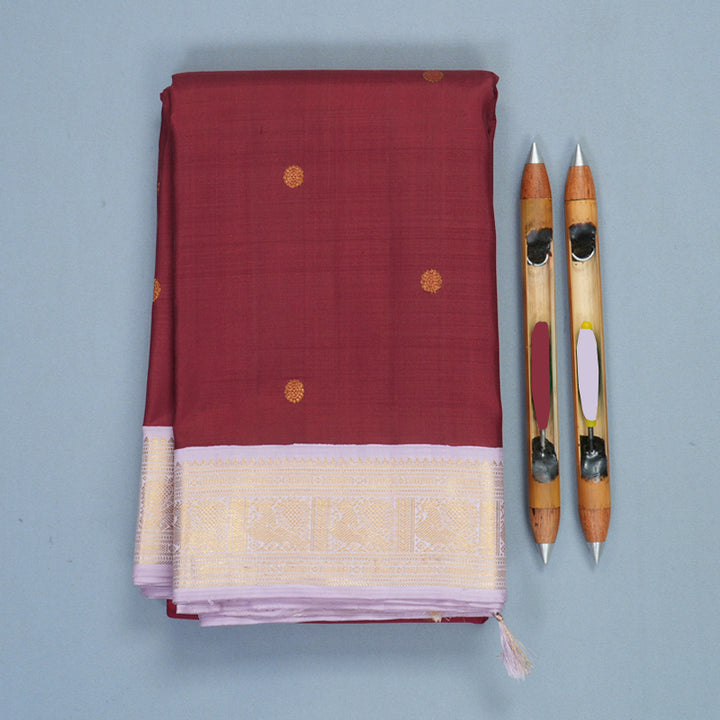 Hayagrivas Handloom Kum Kum Maroon Kanjivaram Silk Saree with Lilac Border KBF805H4-1