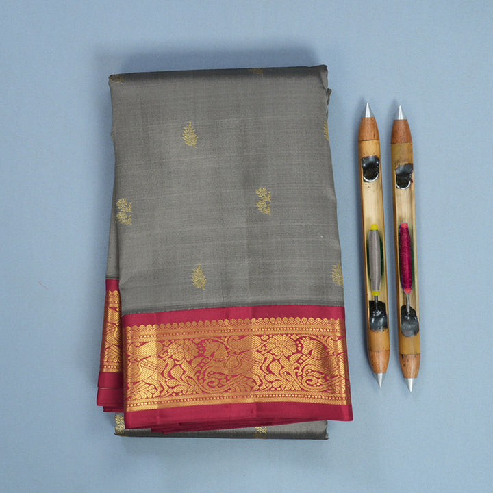Hayagrivas Handloom Grey Kanjivaram Silk Saree with Maroon Border KBF806H1-3