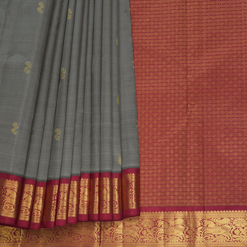 Hayagrivas Handloom Grey Kanjivaram Silk Saree with Maroon Border KBF806H1-3