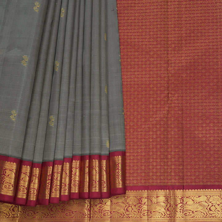 Hayagrivas Handloom Grey Kanjivaram Silk Saree with Maroon Border KBF806H1-3