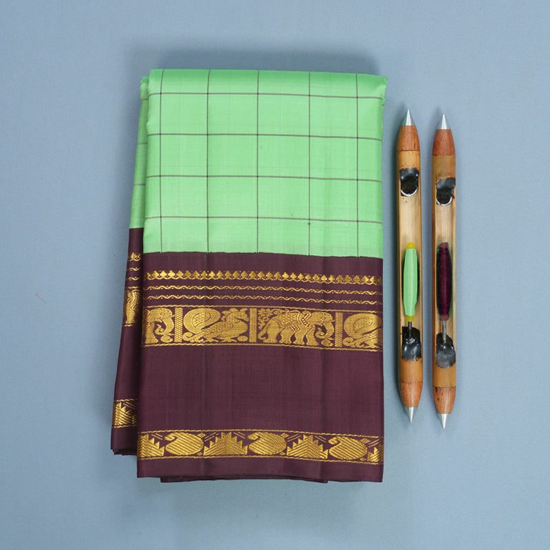 Hayagrivas Handloom Pista Green Kanjivaram Silk Saree with Burgundy Border KBF806H2-2