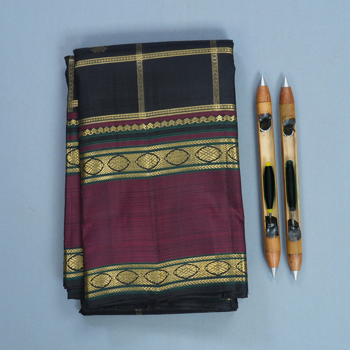 Hayagrivas Handloom Black Kanjivaram Silk Saree with Wine Border KBF807H12-1