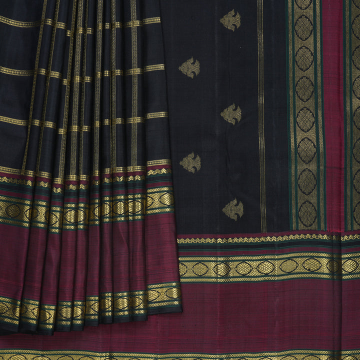 Hayagrivas Handloom Black Kanjivaram Silk Saree with Wine Border KBF807H12-1
