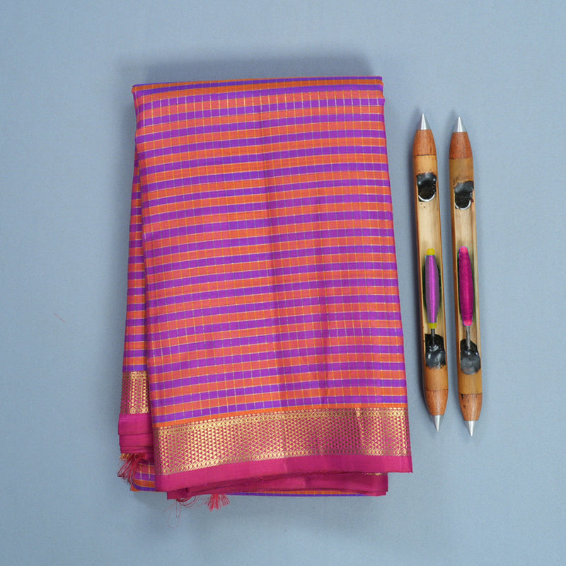 Hayagrivas Handloom Orange &amp; Purple Checks Kanjivaram Silk Saree with Pink Border KBF807H13-1