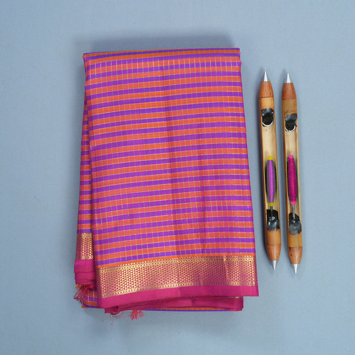 Hayagrivas Handloom Orange &amp; Purple Checks Kanjivaram Silk Saree with Pink Border KBF807H13-1