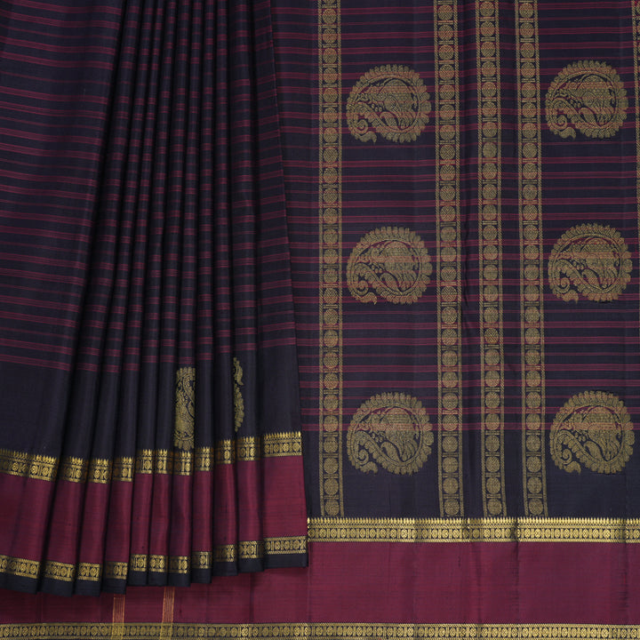 Hayagrivas Handloom Deep Jamun Kanjivaram Silk Saree with Wine Maroon Border KBF807H7-1