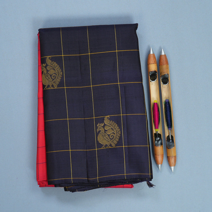Hayagrivas Handloom Red Kanjivaram Silk Saree with Navy Blue Border KBF813H1-1