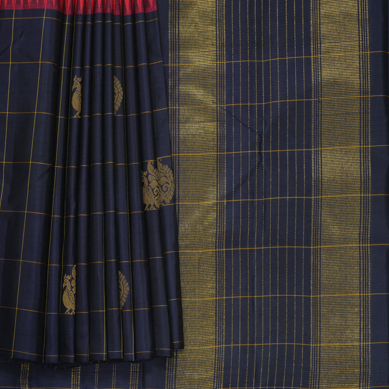 Hayagrivas Handloom Red Kanjivaram Silk Saree with Navy Blue Border KBF813H1-1
