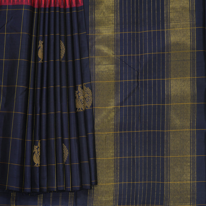 Hayagrivas Handloom Red Kanjivaram Silk Saree with Navy Blue Border KBF813H1-1