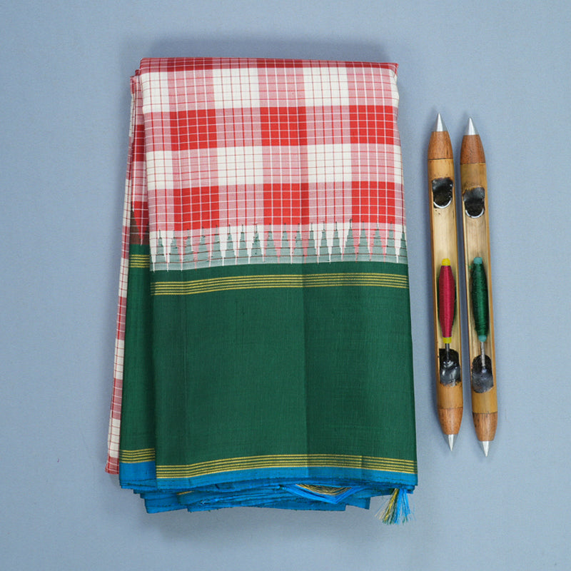 Hayagrivas Handloom Red &amp; Half-White Checks Kanjivaram Silk Saree with Green Border KBF813H2-1