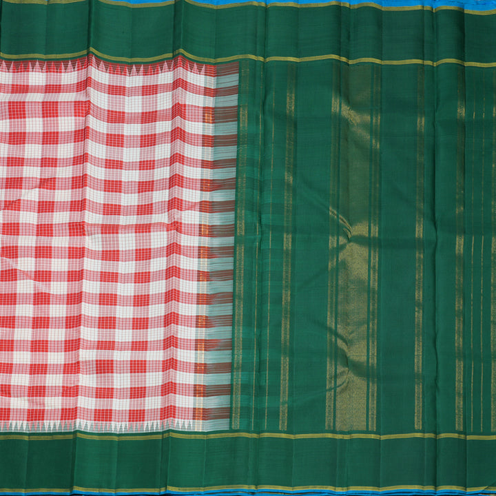 Hayagrivas Handloom Red &amp; Half-White Checks Kanjivaram Silk Saree with Green Border KBF813H2-1