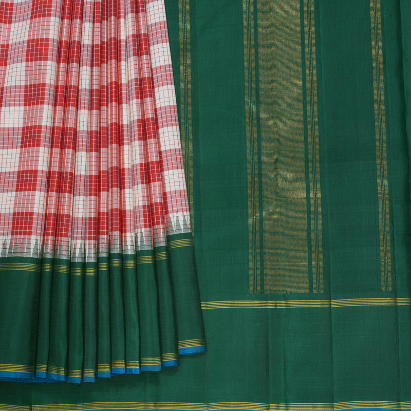 Hayagrivas Handloom Red &amp; Half-White Checks Kanjivaram Silk Saree with Green Border KBF813H2-1