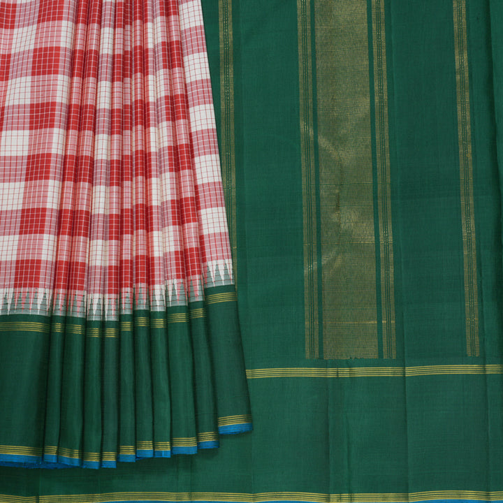 Hayagrivas Handloom Red &amp; Half-White Checks Kanjivaram Silk Saree with Green Border KBF813H2-1
