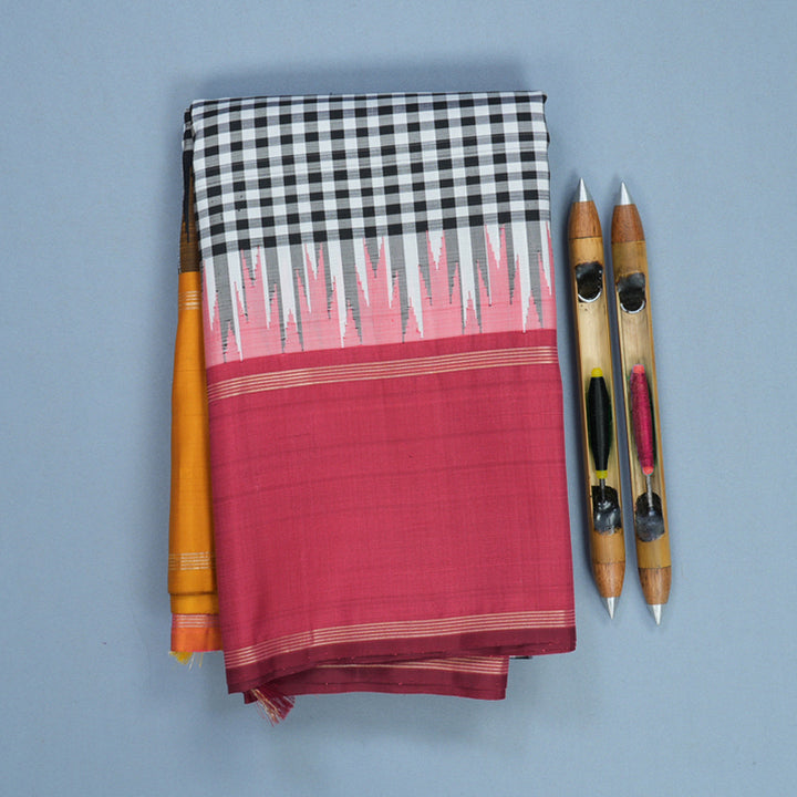 Hayagrivas Handloom Black &amp; White Checks Kanjivaram Silk Saree with Ganga Jamuna Border KBF813H2-2