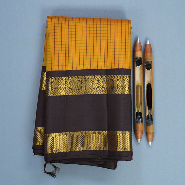 Hayagrivas Handloom Mustard Yellow Kanjivaram Silk Saree with Kanchana Brown Border KBF813H4-1