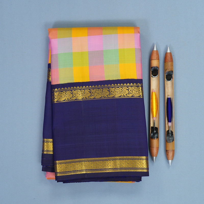 Hayagrivas Handloom Multicolour Checks Kanjivaram Silk Saree with Purplish-Blue Border KBF813H4-2