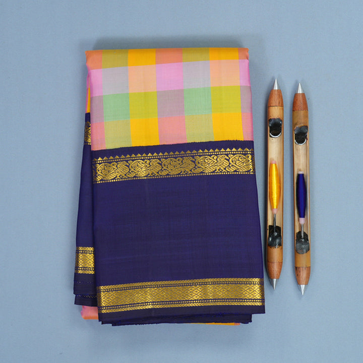 Hayagrivas Handloom Multicolour Checks Kanjivaram Silk Saree with Purplish-Blue Border KBF813H4-2