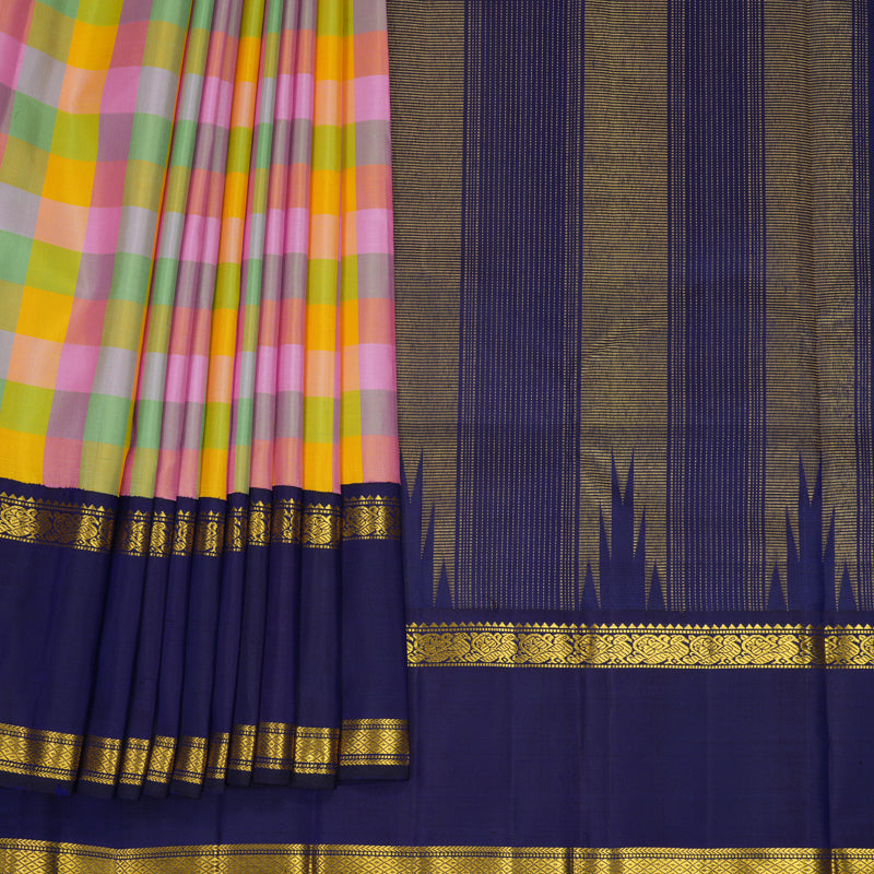 Hayagrivas Handloom Multicolour Checks Kanjivaram Silk Saree with Purplish-Blue Border KBF813H4-2