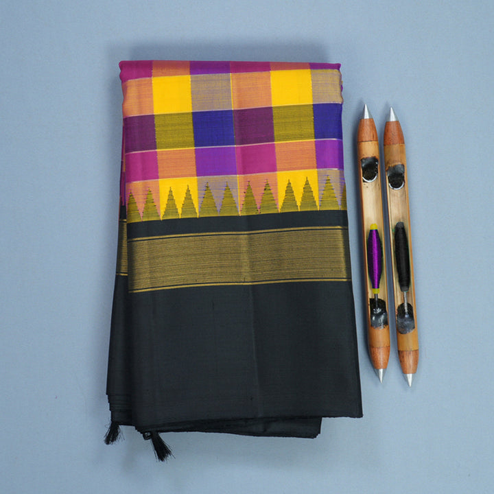 Hayagrivas Handloom Multicolour Checks Kanjivaram Silk Saree with Black Border KBF813H5-1