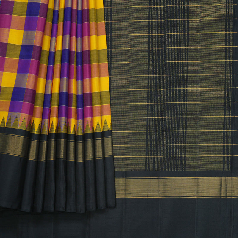 Hayagrivas Handloom Multicolour Checks Kanjivaram Silk Saree with Black Border KBF813H5-1