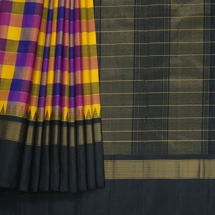 Hayagrivas Handloom Multicolour Checks Kanjivaram Silk Saree with Black Border KBF813H5-1