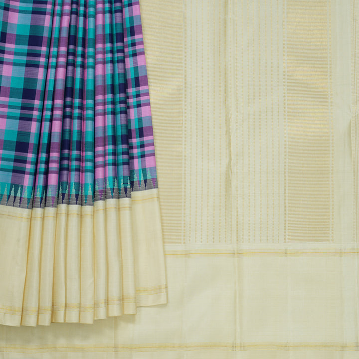 Hayagrivas Handloom Multicolour Checks Kanjivaram Silk Saree with Ivory Border KBF813H9-1