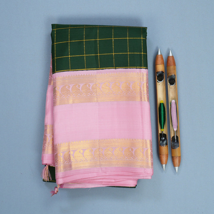 Hayagrivas Handloom Bottle Green Kanjivaram Silk Saree with Baby Pink Border KBF814H2-1