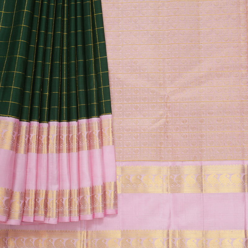 Hayagrivas Handloom Bottle Green Kanjivaram Silk Saree with Baby Pink Border KBF814H2-1