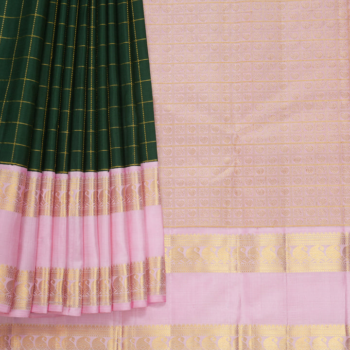 Hayagrivas Handloom Bottle Green Kanjivaram Silk Saree with Baby Pink Border KBF814H2-1