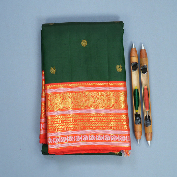 Hayagrivas Handloom Bottle Green Kanjivaram Silk Saree with Red Border KBF814H2-2