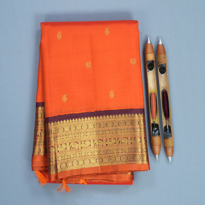 Hayagrivas Handloom Orange Kanjivaram Silk Saree with Burgundy Border KBF814H2-6