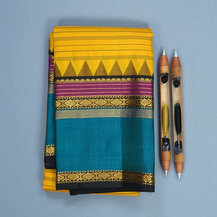 Hayagrivas Handloom Yellow Kanjivaram Silk Saree with Teal Blue Border KBF814H3-2